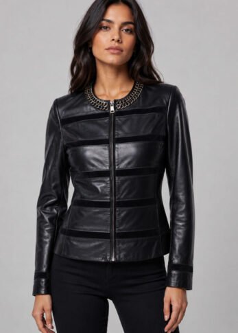 Women's Black Leather Jacket Chainy