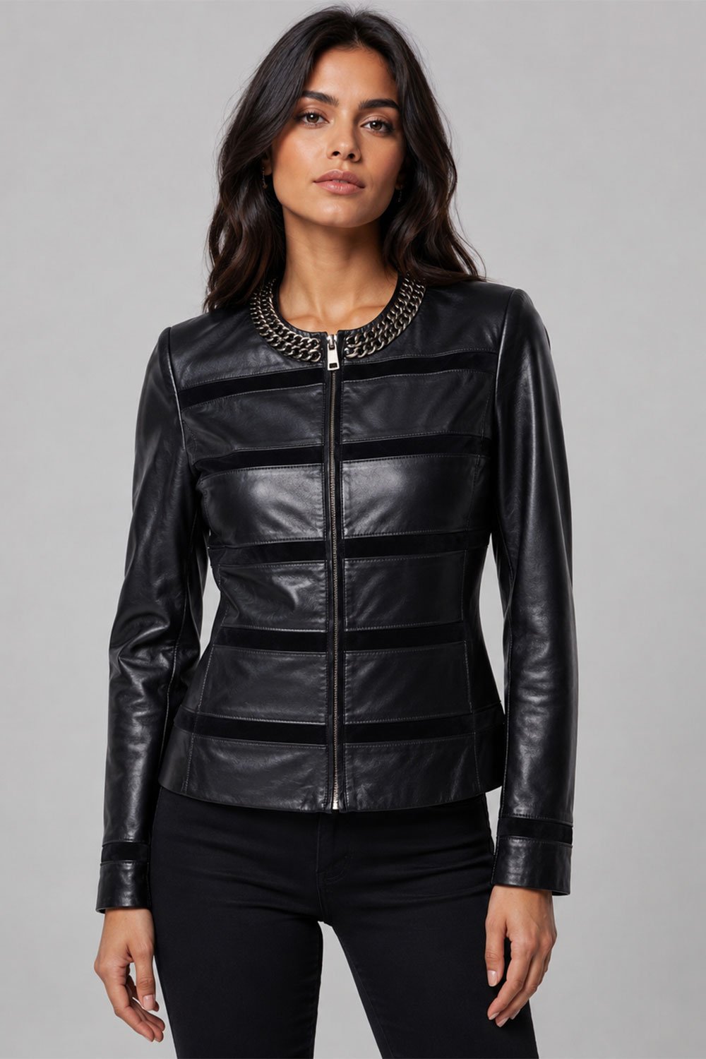 Women's Black Leather Jacket Chainy