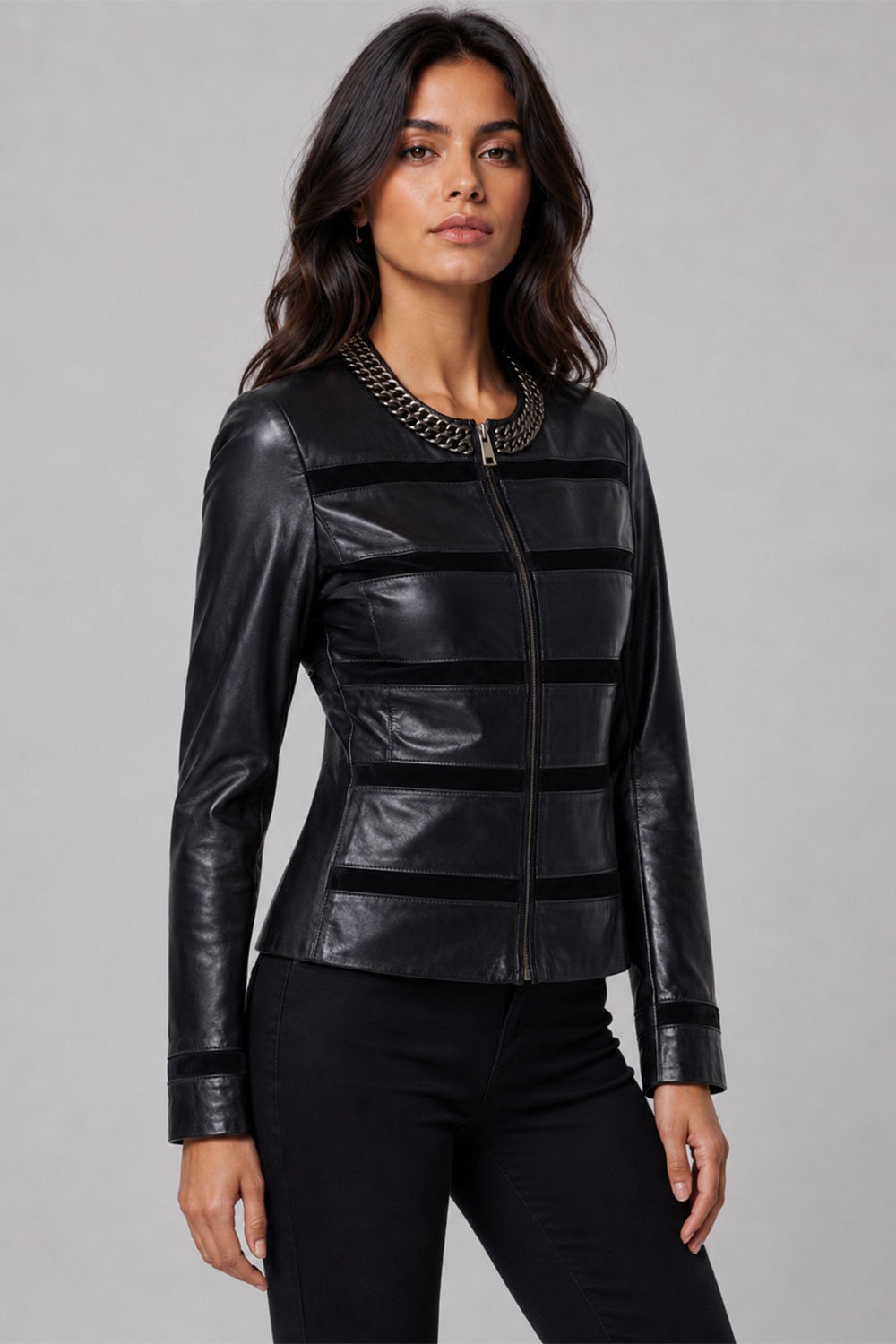 Women's Black Leather Jacket Chainy