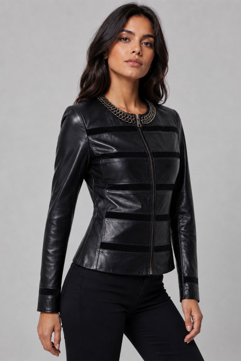 Women's Black Leather Jacket Chainy