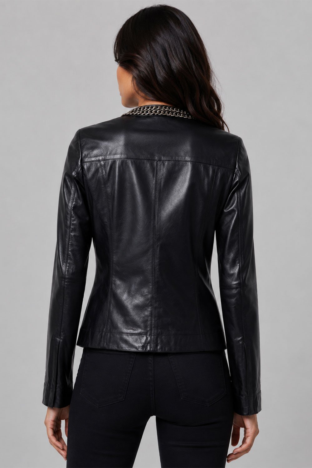 Women's Black Leather Jacket Chainy